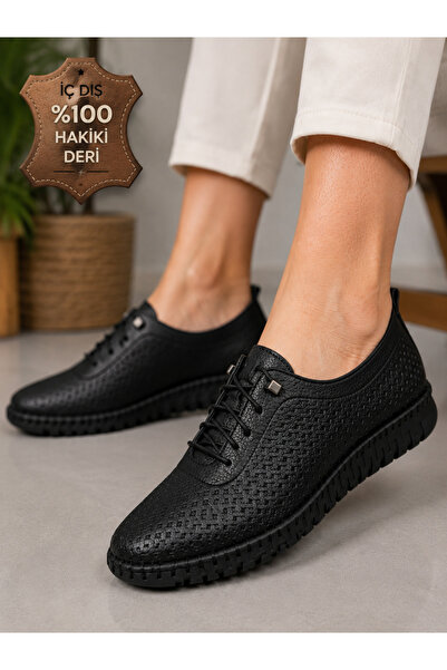 CookaShoes Cooka Shoes Kadın Siyah Hakiki Deri Anne Ayakkabısı Ortopedik Günl...