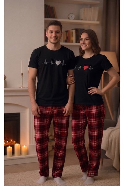 Bella Dossi Set de pijamale din bumbac cu mânecă scurtă, cu imprimeu Heartbeat, pentru cupluri