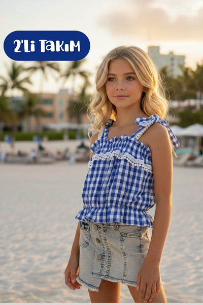 Hilal Akıncı Kids Kız Çocuk Pötikareli Fırfırlı Askılı Bluz ve Düğmeli Kot Et...