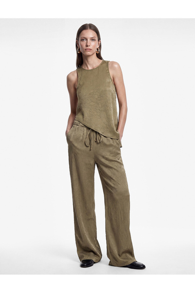 Koton Beli Lace-Up High Waist Wide Leg Satin Trousers
