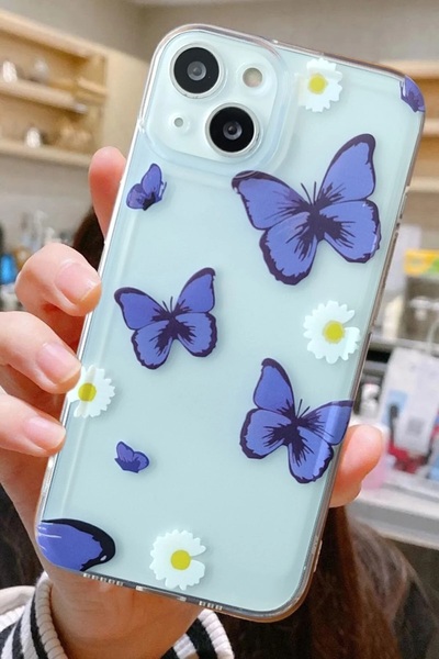 3GEN CASE iPhone 13/iPhone 14 Uyumlu Mavi Kelebekler Papatya Desenli Şeffaf S...