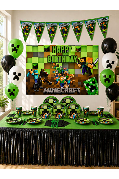 snowparty 24 Kişilik Minecraft Parti Seti Afişli Masa Etekli