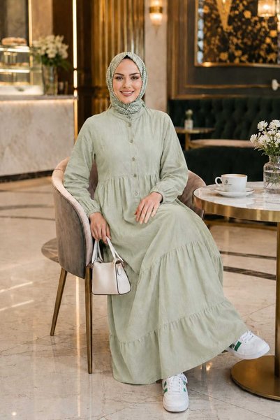Hb Harma Time Butik Women's Buttoned Layered Detailed Linen Khaki Dress