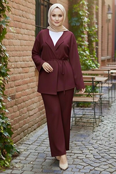 TOFİSA Jacket Pants Blouse Modal Three Piece Set Burgundy - 28046-Bordo