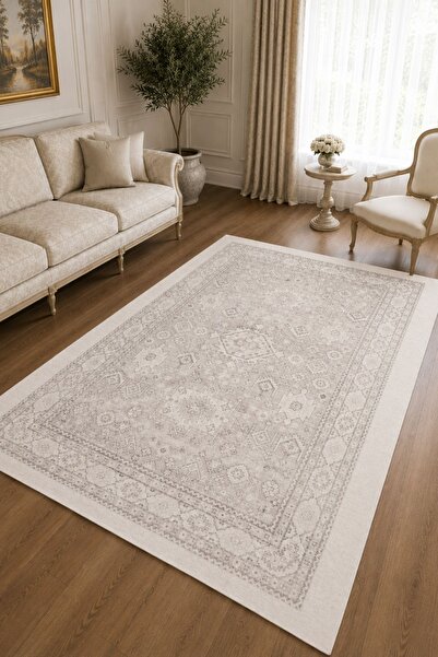 Classic Patterned Washable Anti-Slip Base Chenille Beige Entry Carpet 4061