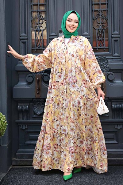 N.S NEVA STYLE Μοτίβο Μουσταρδί Φόρεμα Hijab 710510HR