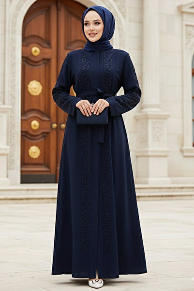Neva Style عباية حجاب باللون الأزرق الداكن مطرزة بالخرز 29118L