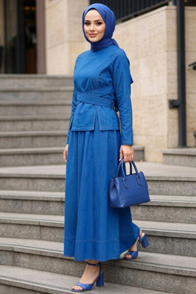 N.S NEVA STYLE Blue Hijab Denim Double Set with Skirt 6288m