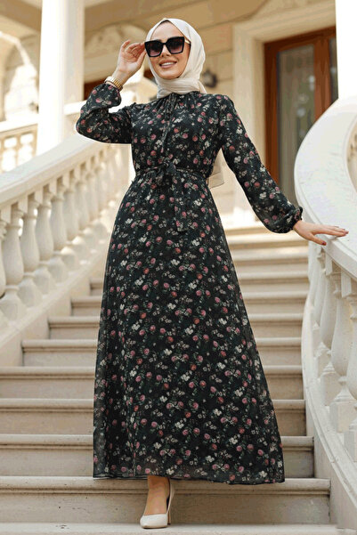 Neva Style فستان تيشرت أسود بنقشة زهور 279041S