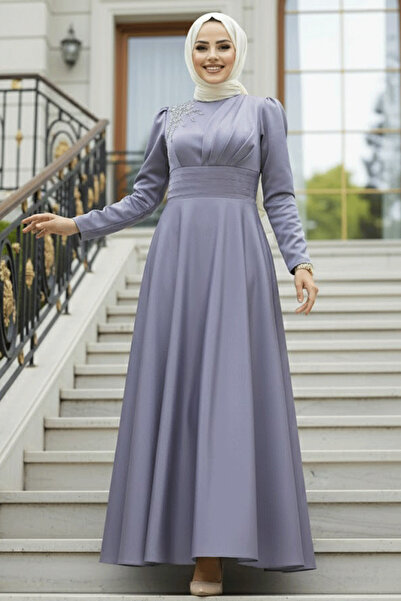 Neva Style Saten Gri Tesettür Abiye Elbise 22301GR