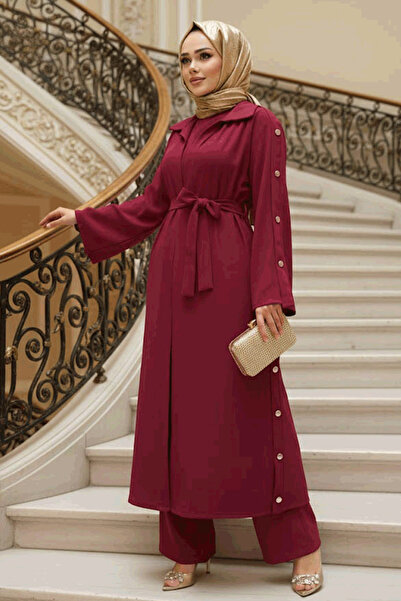 N.S NEVA STYLE Button Detailed Burgundy Hijab Three Piece Set 7677Br