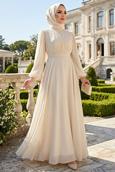 N.S NEVA STYLE Drape Detailed Beige Hijab Evening Dress 51072Bej