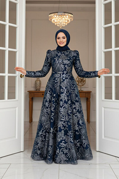 Neva Style Boncuk İşlemeli Lacivert Tesettür Abiye Elbise 22662L