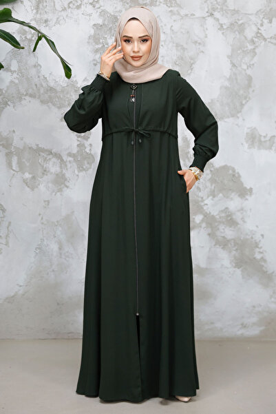 Neva Style Zippered Dark Khaki Hijab Abaya 81291Khk