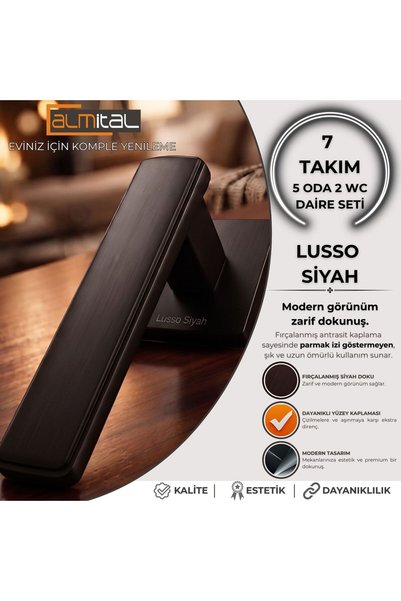 almital mobilya aksesuarları furniture accessories Lusso Black 5 Pieces Room 2 Pieces Wc Square Rosette Door Handle Set, 3 1 Apartment Door Handle Set