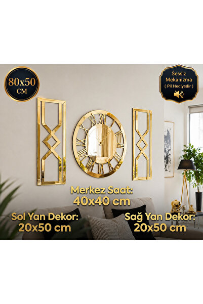 NİSANEST Dekoratif 3'lü Aynalı Duvar Saati Ve Pleksi Gold Tablo Duvar Dekoru ...