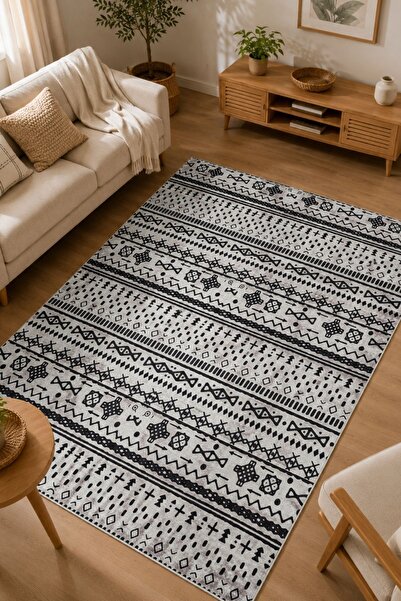 Serente Home İskandinav Desenli Yıkanabilir Kaymaz Taban Gri Siyah Şönil Salo...