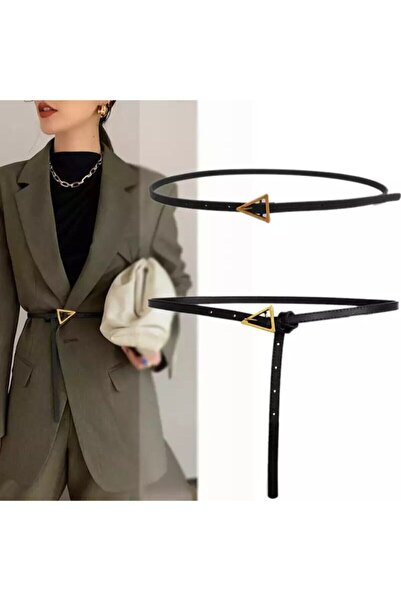 LİA KEMER Thin Triangular Gold Buckled Tie-Detail Leather Belt