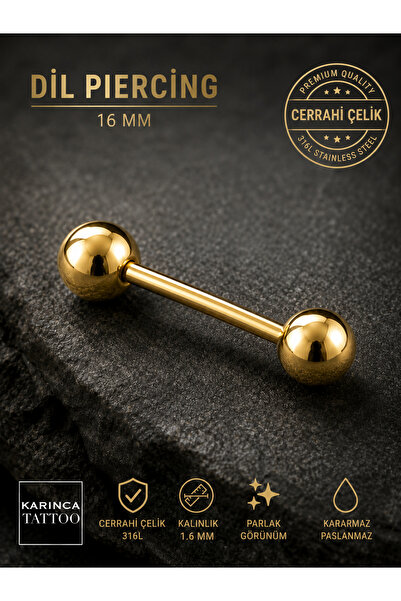 Karınca Piercing Altın Rengi Dil Piercingi Gold Tongue Piercing 16 mm