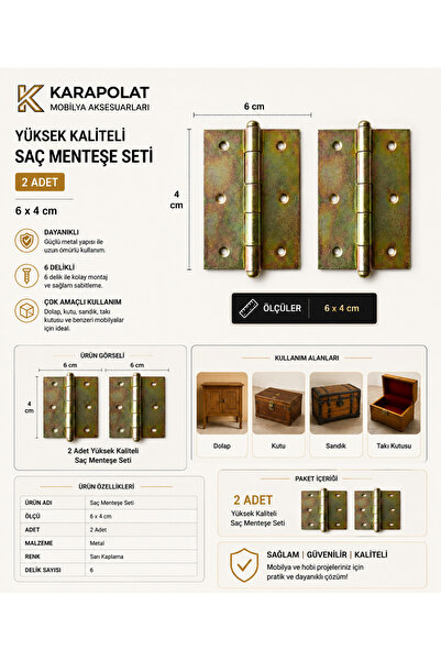 KARAPOLAT Galvanizli Sac Yaprak Menteşe 4x6 cm 2 Adet | Kapı ve Dolap Menteşe...