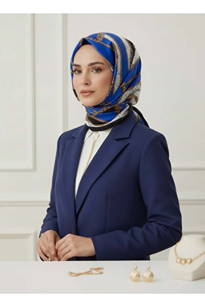 Vissona %100 Saf İpek Şal İnce Saten Vual Dokuma Kemer Desenli Saks - Siyah R...