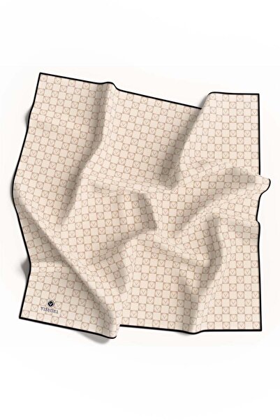 Vissona %100 Twill İpek Monogram Desenli Krem - Siyah Renkli 90x90 Eşarp Dikim Şekli : El Dikişi