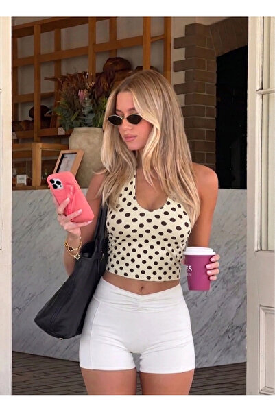 House of Valerio Bej Puantiyeli Halter Yaka Crop Bluz