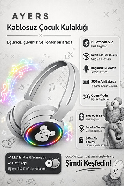 Ayers Koyu Kablosuz Çocuk Kulaklığı LED Işıklı, Bluetooth 5.2, Mikrofonlu, Oy...