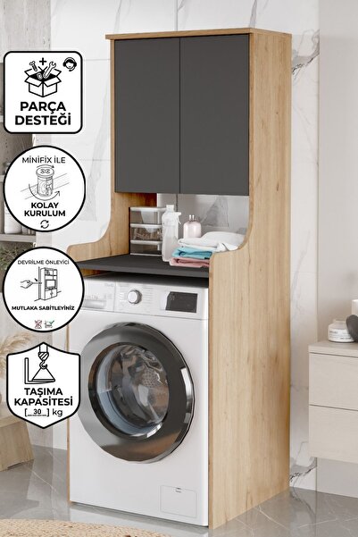 Yurupa Çamaşır Makinesi Üstü Dolabı Valen Banyo Düzenleyici Raflı Kapaklı Çok...