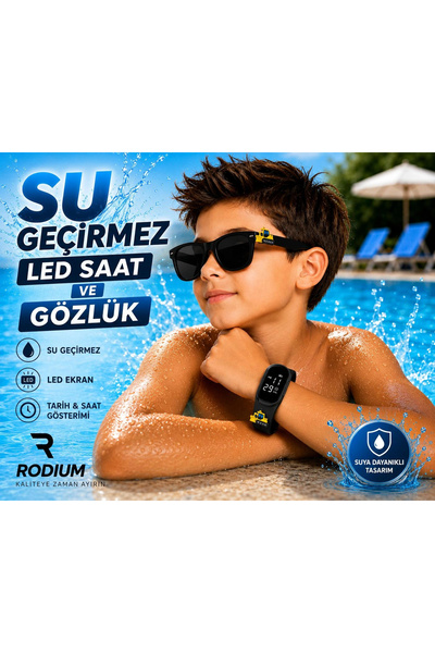 Rodium Children's Wristwatch Led Watch and Glasses Set with Black Dozer Emoji