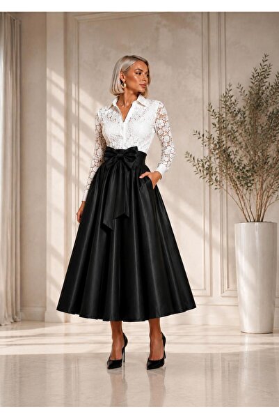 SERAVENZA COUTURE Midi Boy Üst Dantel Kaplamalı Seyyar Kuşaklı Şık Gömlek Elb...
