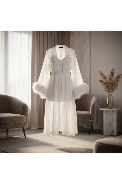 Lady Lingerie طقم قميص نوم نسائي من الساتان وروب من الشيفون - تصميم "عروس" مز...