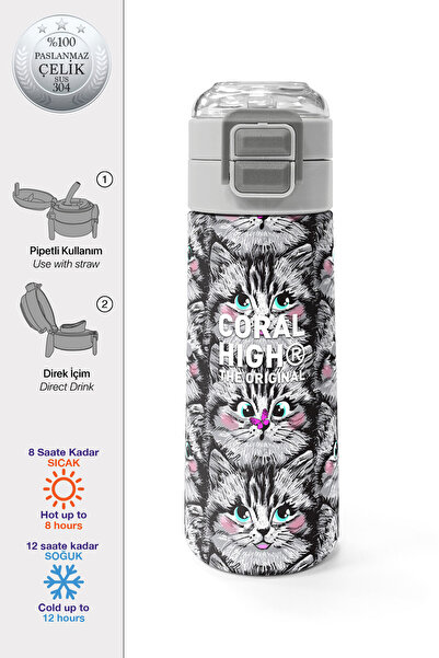 Coral High Kids Gray Cat Patterned Steel Thermos with Straw and Direct Drinki...