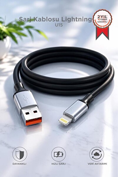 Torima Şarj Kablosu Lightning Silikon 3.0A Data Kablo U15 Siyah