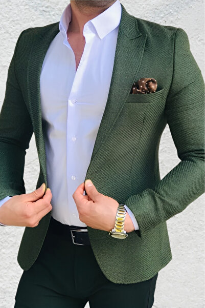 leonmen Erkek Yeşil Italyan Stil Slim Fit dar kesim Blazer Tek Ceket