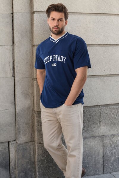 Madmext Navy Blue V-Neck Printed Short Sleeve Overfit T-Shirt 7039