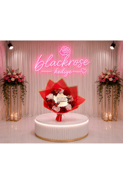 blackrosehediye Uzun Saplı Beyaz Kırmızı Yapay Gül Buketi Kelebek Detaylı Ayn...