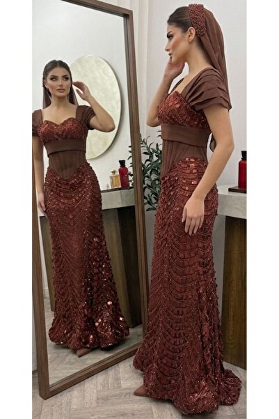 NALA FASHION فستان سهرة فاخر – لون خمري مطرّز شرائح