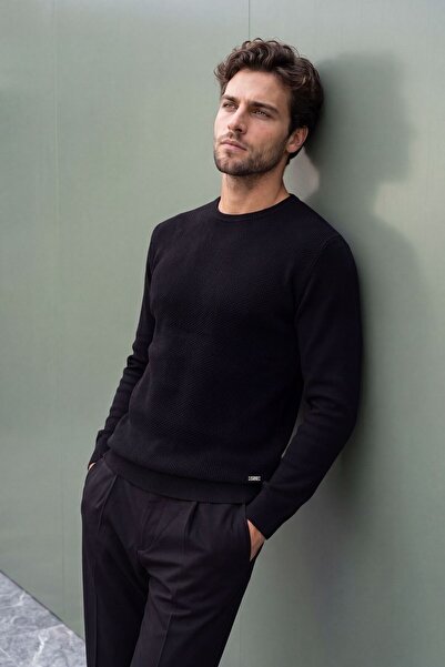 Çizgi Triko Men's Crew Neck Black Sweater Knitwear Honeycomb Knit Solid Color...