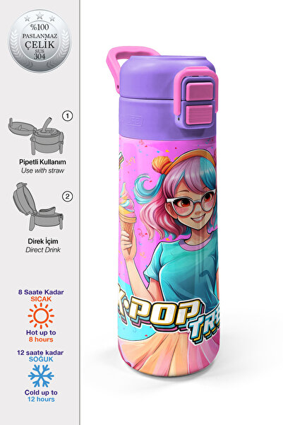 Coral High Kids Pembe Turkuaz K-Pop Desenli Pipetli ve Direkt İçim Çelik Term...