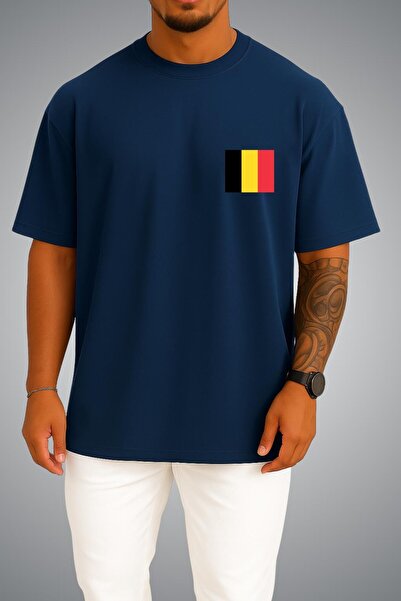 Bahriyeli Collection Oversize Belgium Flag Pocket Printed Unisex T-Shirt