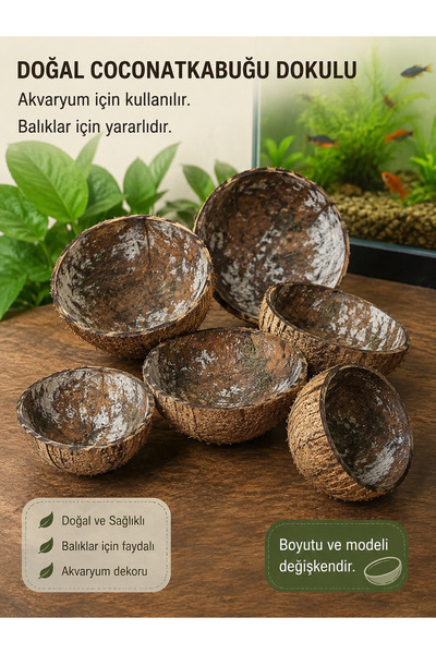 Akvaryum Doğal Dekoratif Hindistan Cevizi Kabuğu Önü Kapalı Yarım Kesik Model...