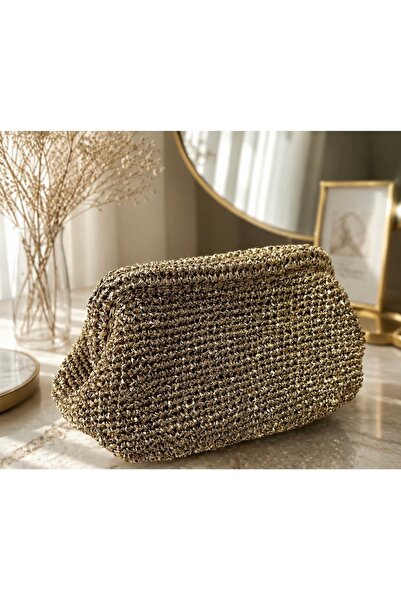 MODA Gold Çanta Portföy Çanta Gece Çantası Abiye Çanta Metalik İp Gizli Bursl...