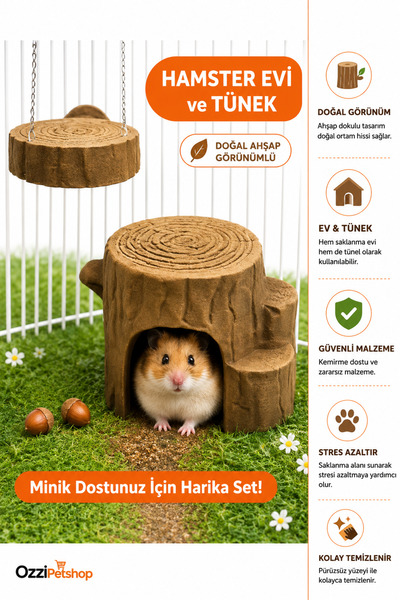 ozzipetshop Hamster Evi ve Tunek Seti Doğal Ahsap Görünümlü Harika Set+Supriz...
