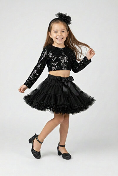 Le Mabelle Black Long Sleeve Sequin Girls Crop Blouse