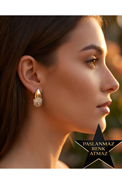 XUPING JEWELRY Xuping 14K Altın Renginde Zirkon Taşlı Yıldız Detaylı Damla Ka...