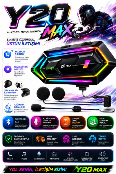 Dynego Y20 MAX Intercom 300 Mt Telsiz Özellikli 5.3 Işıklı Motosiklet Kask Ku...
