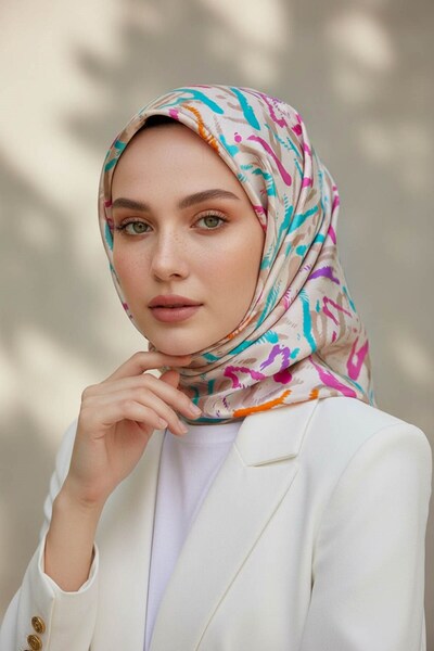 Vissona %100 Twill İpek Geometrik Desenli Turkuaz - Pembe Renkli 90x90 Eşarp ...