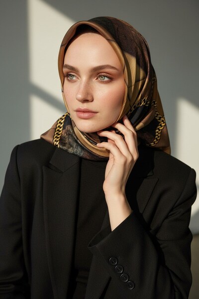 Vissona %100 Twill İpek Taş Efekti Desenli Hardal - Siyah Renkli 90x90 Eşarp ...
