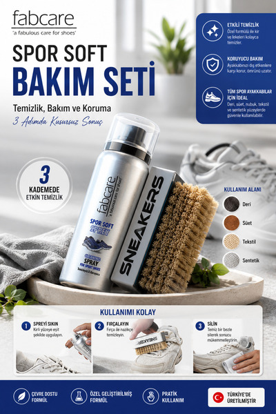 Fabcare Spor Soft Ayakkabı Bakım Seti – Sprey + Özel Temizlik Fırçası | 125 ml